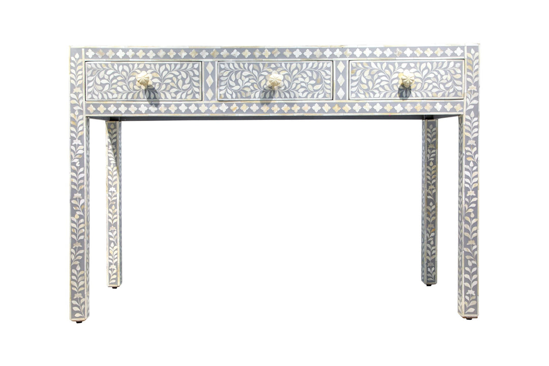 Bone Inlay 3 Drawer Hall Table or Side Table - Light Grey Floral - Abacus and Hunt LLC