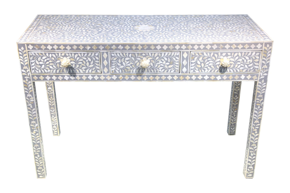 Bone Inlay 3 Drawer Hall Table or Side Table - Light Grey Floral - Abacus and Hunt LLC