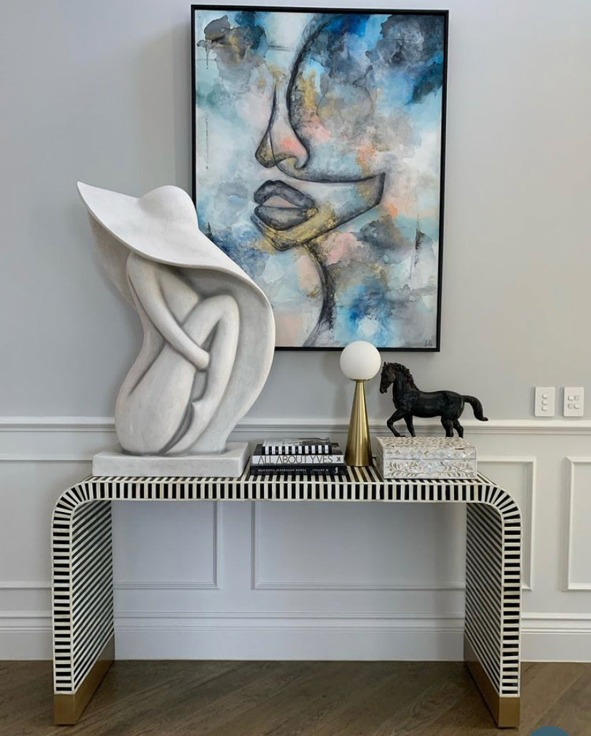 Bone Inlay Waterfall Hall Table or Side Table - Black Lines - Abacus and Hunt LLC