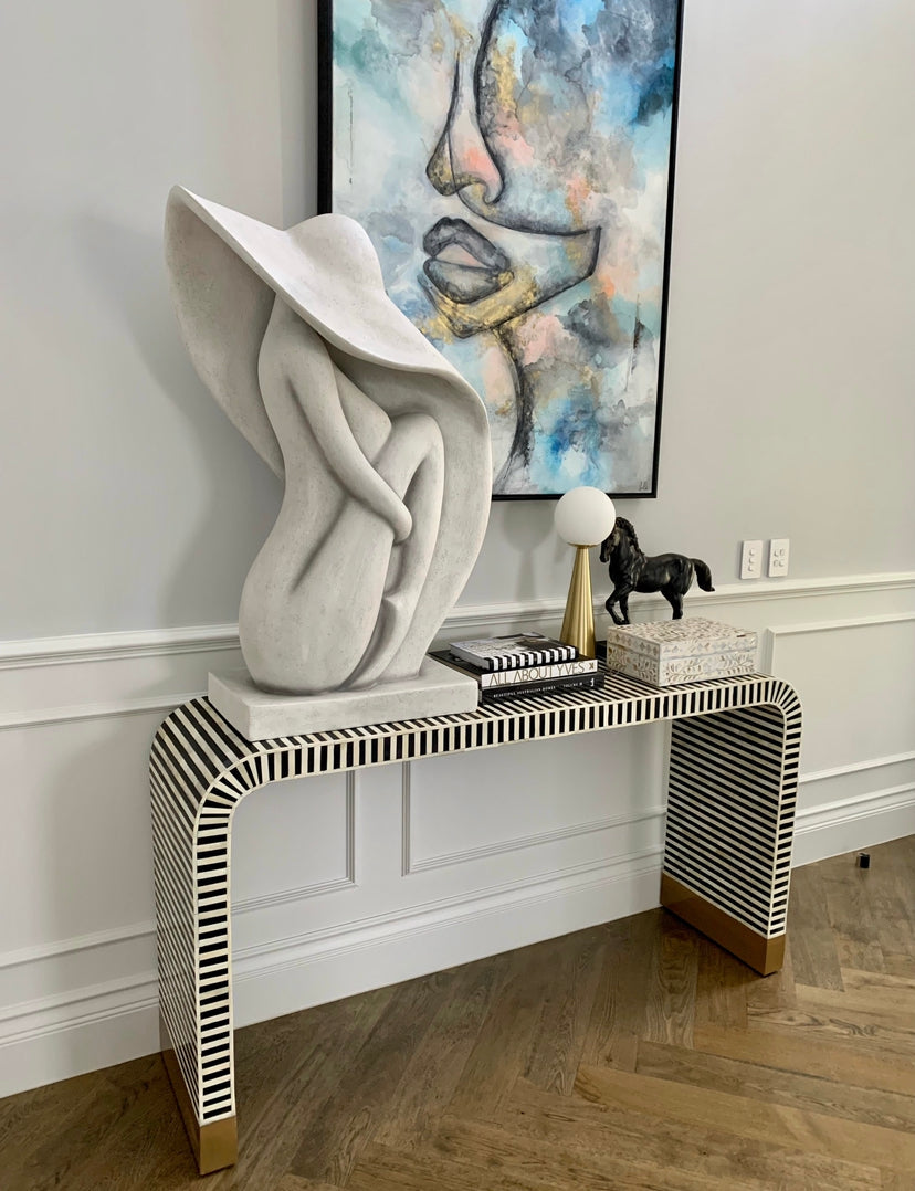 Bone Inlay Waterfall Hall Table or Side Table - Black Lines - Abacus and Hunt LLC