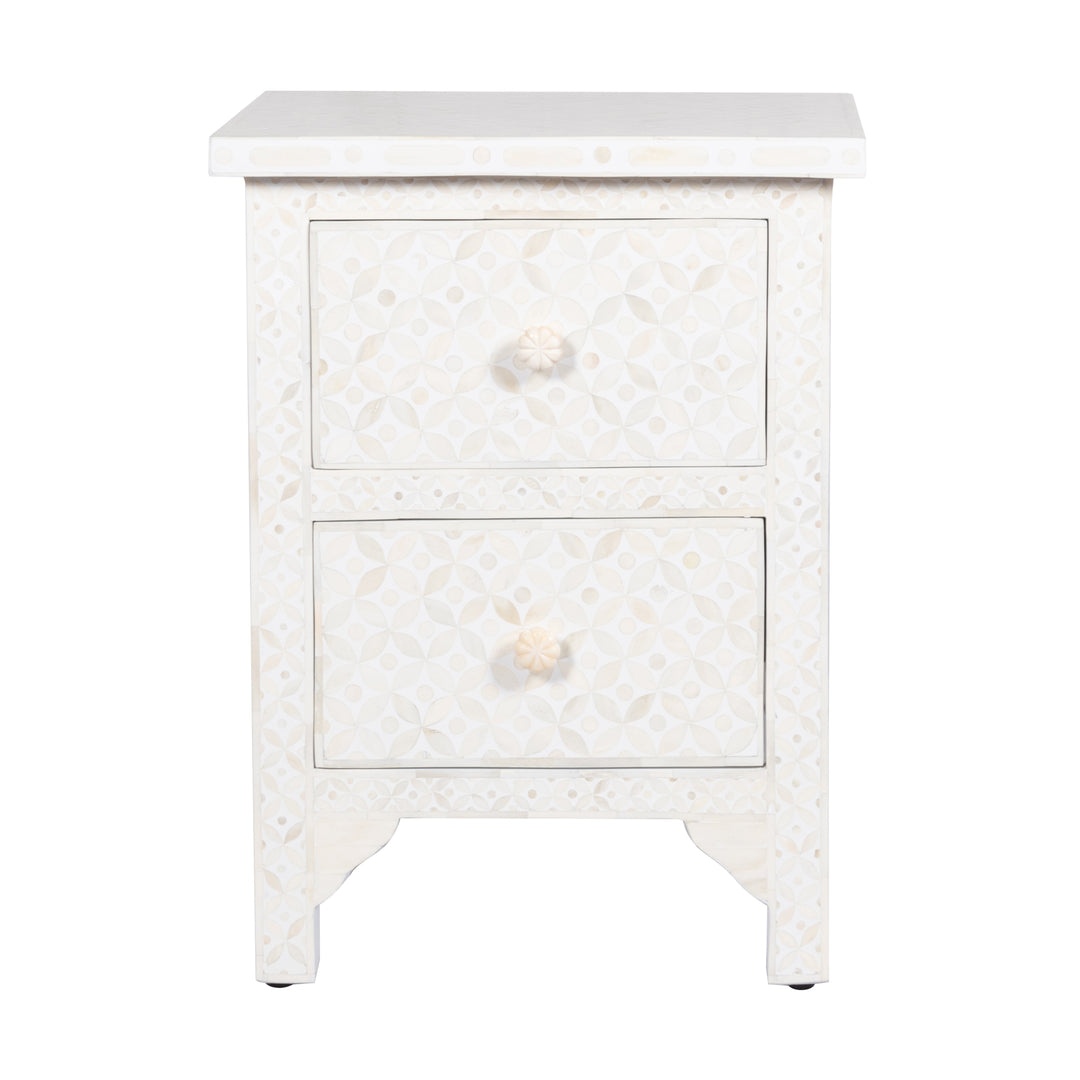 Bone Inlay Bedside Table with 2 Drawers -  White Geometric - Abacus and Hunt LLC