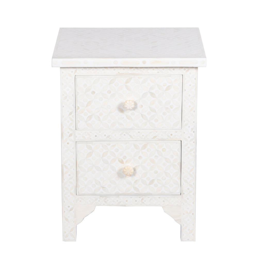 Bone Inlay Bedside Table with 2 Drawers -  White Geometric - Abacus and Hunt LLC