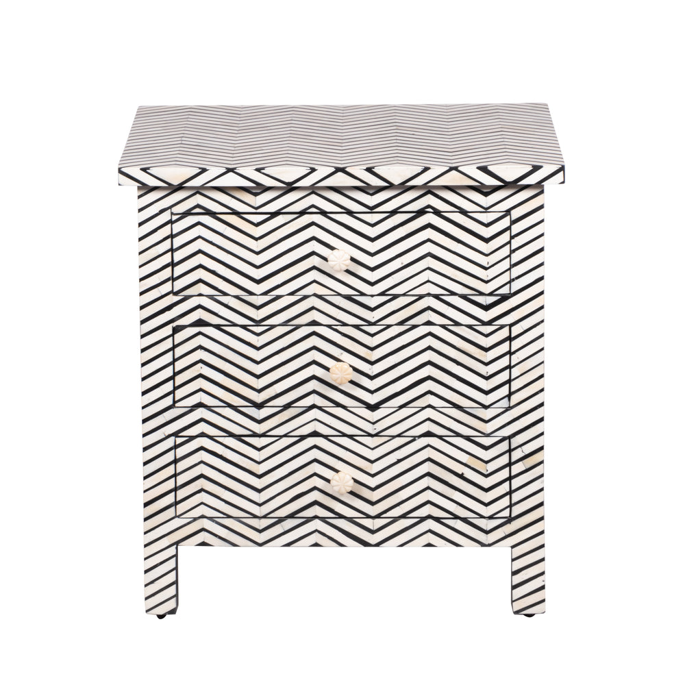 Bone Inlay Large 3 Drawer Bedside - Thin Zig Zag - Abacus and Hunt LLC