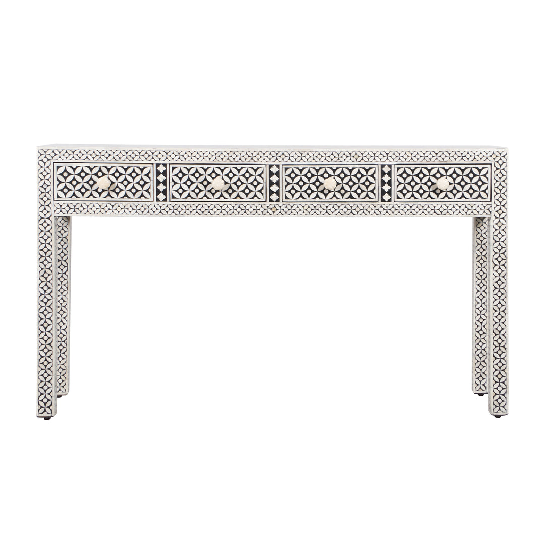Bone Inlay 4 Drawer Hall Table or Side Table - Black Geometric - Abacus and Hunt LLC