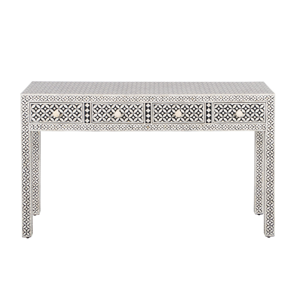 Bone Inlay 4 Drawer Hall Table or Side Table - Black Geometric - Abacus and Hunt LLC