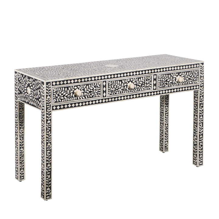 Bone Inlay 3 Drawer Hall Table or Side Table - Black Floral - Abacus and Hunt LLC