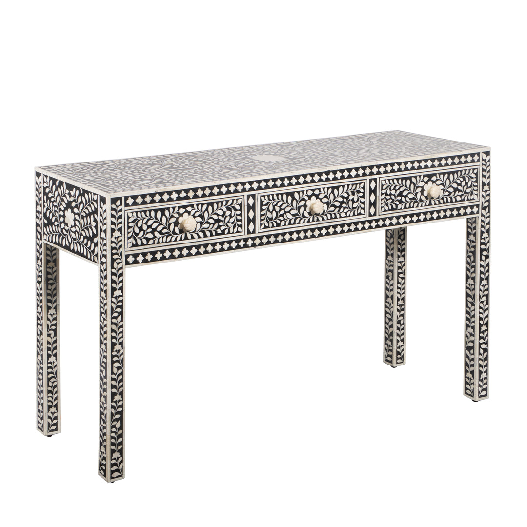 Bone Inlay 3 Drawer Hall Table or Side Table - Black Floral - Abacus and Hunt LLC