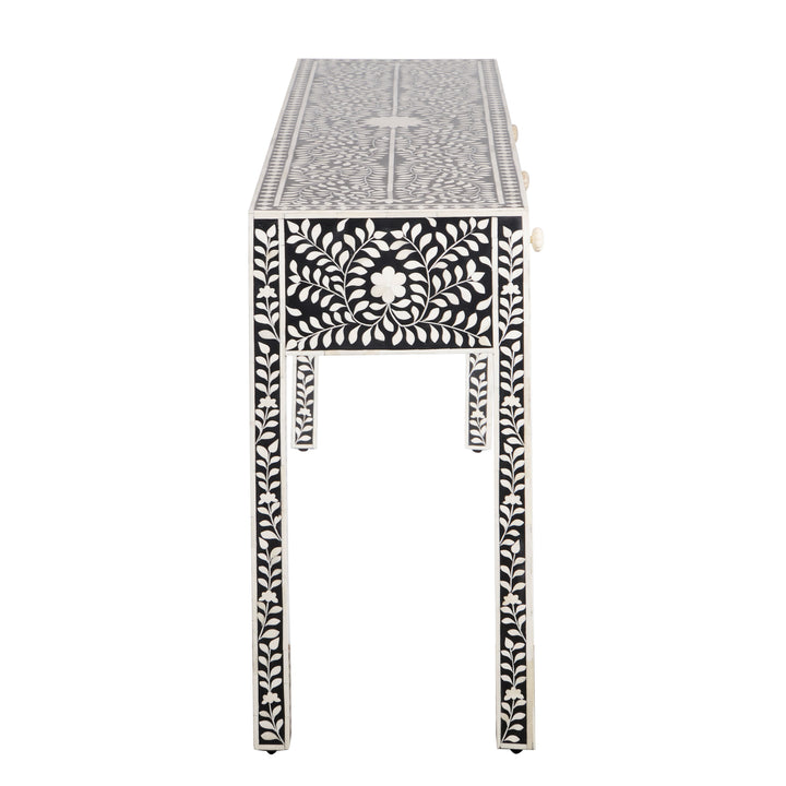 Bone Inlay 3 Drawer Hall Table or Side Table - Black Floral - Abacus and Hunt LLC
