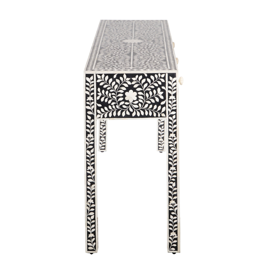 Bone Inlay 3 Drawer Hall Table or Side Table - Black Floral - Abacus and Hunt LLC