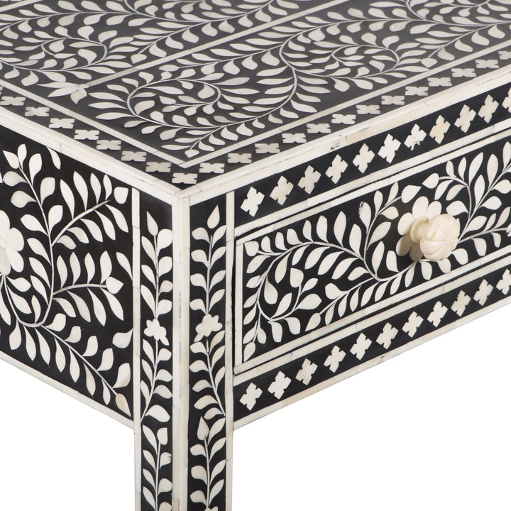 Bone Inlay 3 Drawer Hall Table or Side Table - Black Floral - Abacus and Hunt LLC