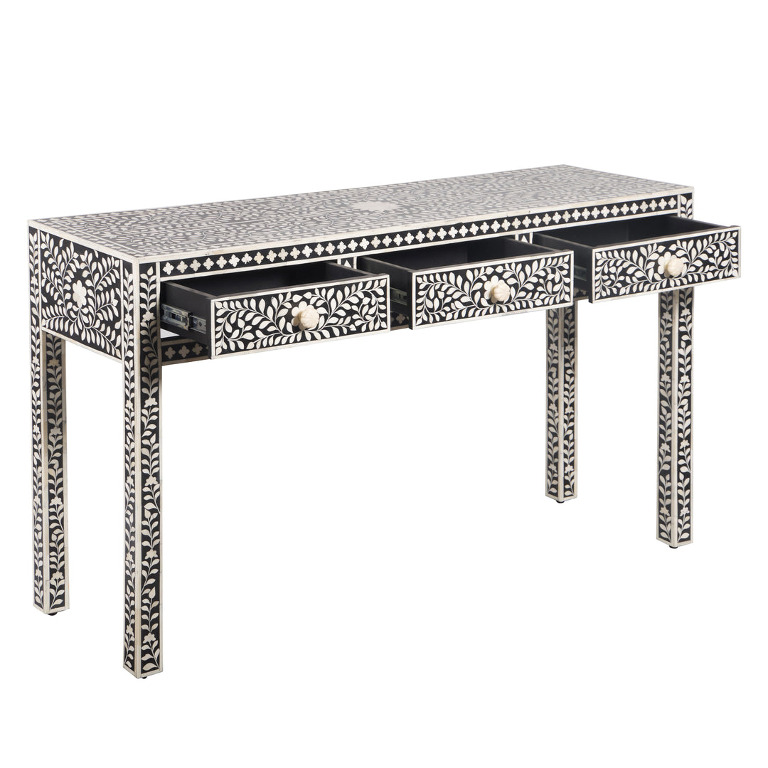 Bone Inlay 3 Drawer Hall Table or Side Table - Black Floral - Abacus and Hunt LLC