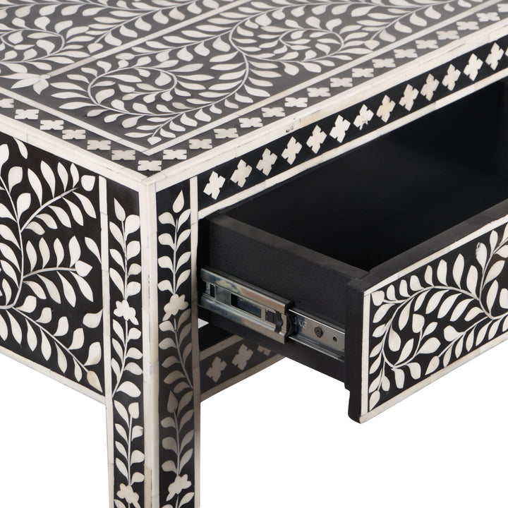 Bone Inlay 3 Drawer Hall Table or Side Table - Black Floral - Abacus and Hunt LLC