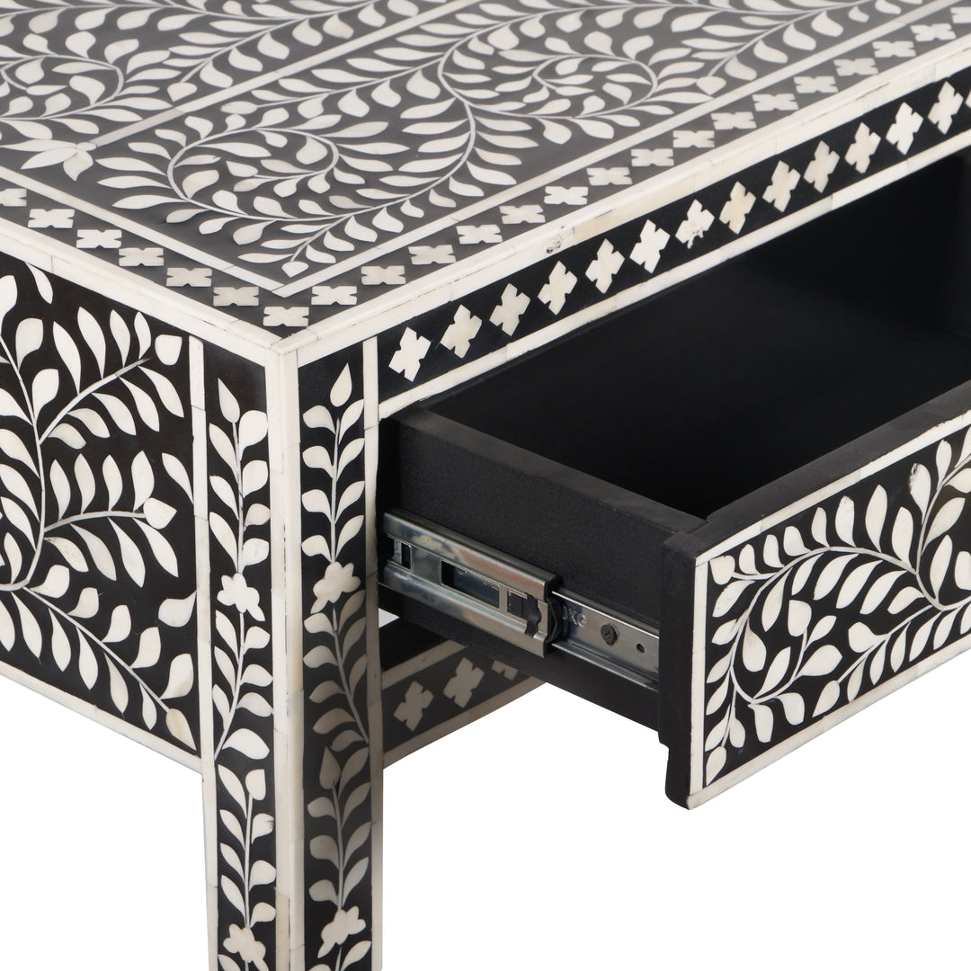 Bone Inlay 3 Drawer Hall Table or Side Table - Black Floral - Abacus and Hunt LLC