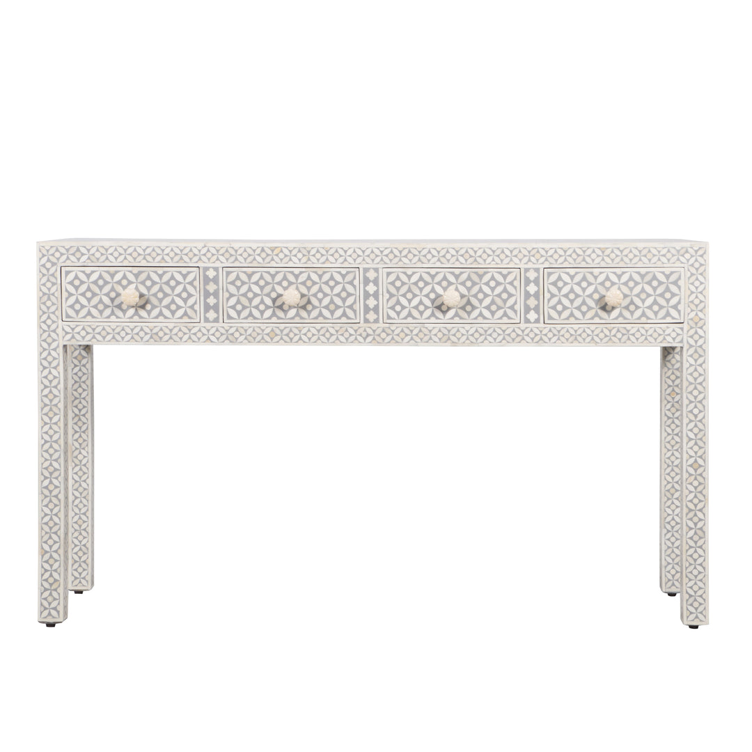 Bone Inlay 4 Drawer Hall Table or Side Table - Grey Geometric - Abacus and Hunt LLC