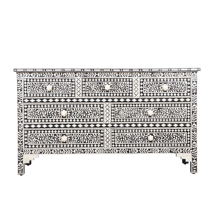 Bone Inlay 7 Drawer Chest of Drawers - Black Floral - Abacus and Hunt LLC