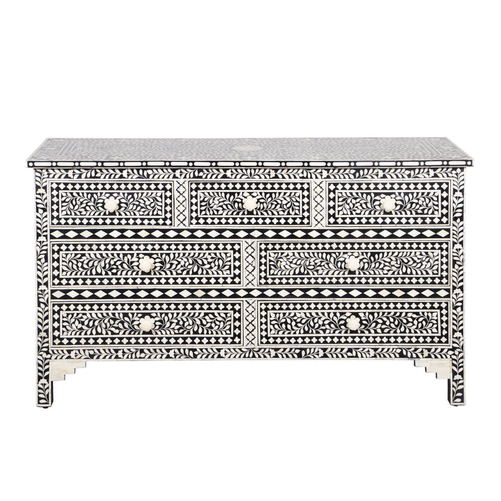 Bone Inlay 7 Drawer Chest of Drawers - Black Floral - Abacus and Hunt LLC