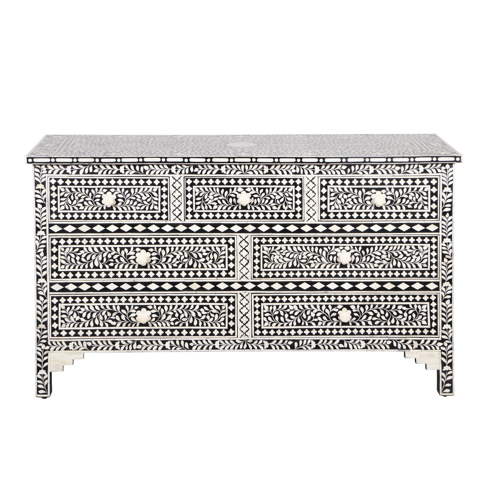 Bone Inlay 7 Drawer Chest of Drawers - Black Floral - Abacus and Hunt LLC