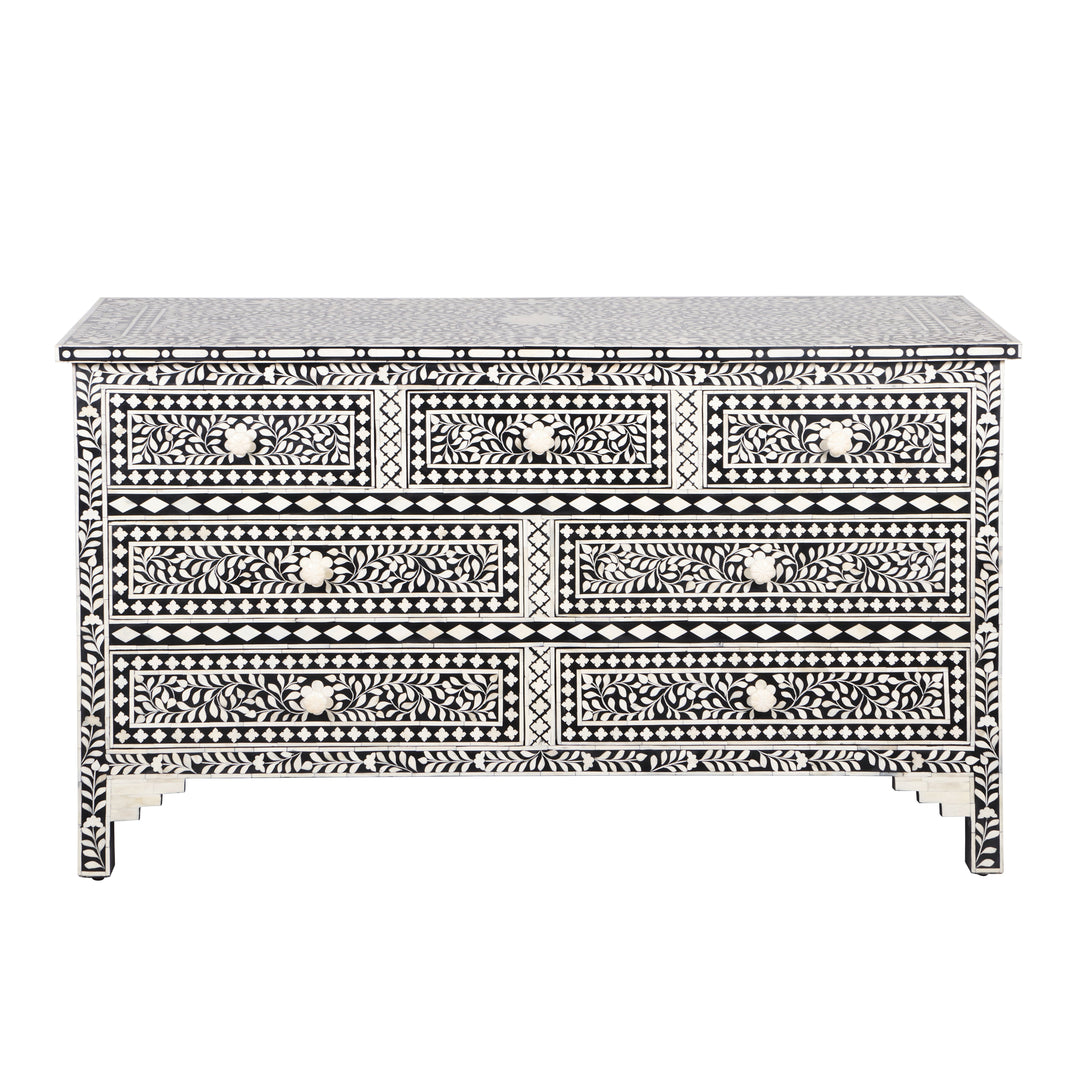 Bone Inlay 7 Drawer Chest of Drawers - Black Floral - Abacus and Hunt LLC