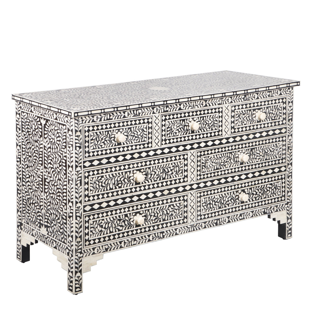 Bone Inlay 7 Drawer Chest of Drawers - Black Floral - Abacus and Hunt LLC