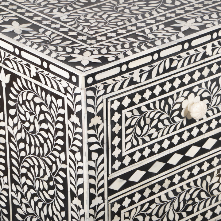 Bone Inlay 7 Drawer Chest of Drawers - Black Floral - Abacus and Hunt LLC