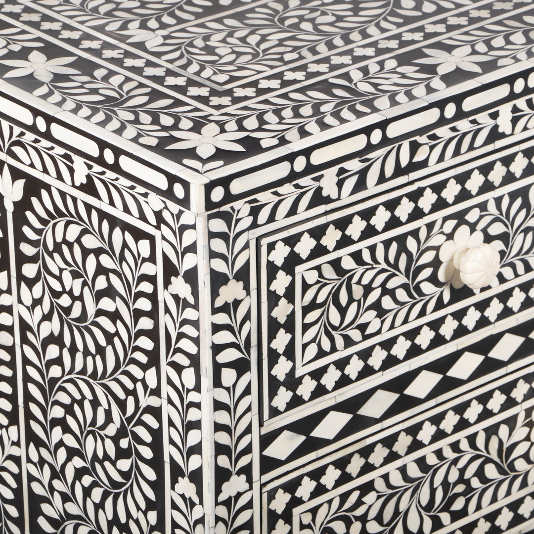 Bone Inlay 7 Drawer Chest of Drawers - Black Floral - Abacus and Hunt LLC