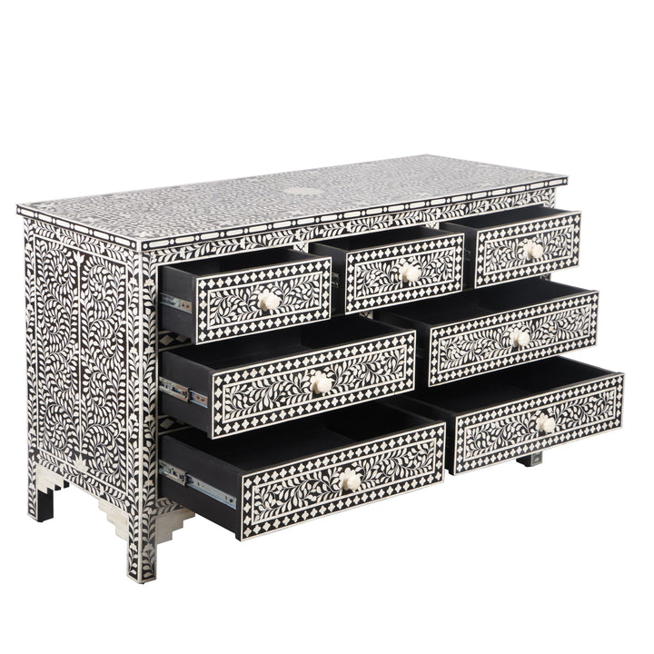 Bone Inlay 7 Drawer Chest of Drawers - Black Floral - Abacus and Hunt LLC
