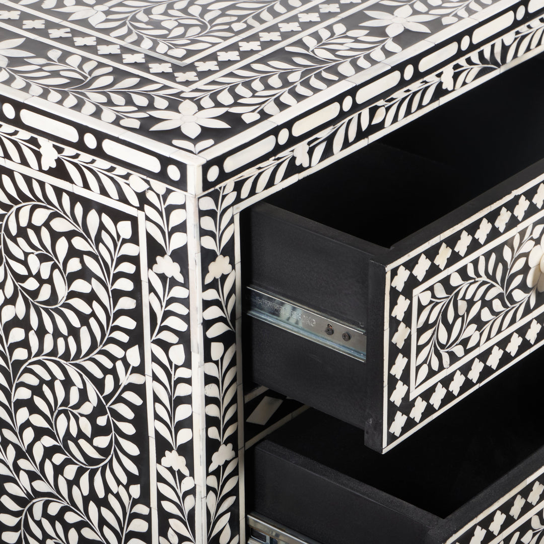 Bone Inlay 7 Drawer Chest of Drawers - Black Floral - Abacus and Hunt LLC