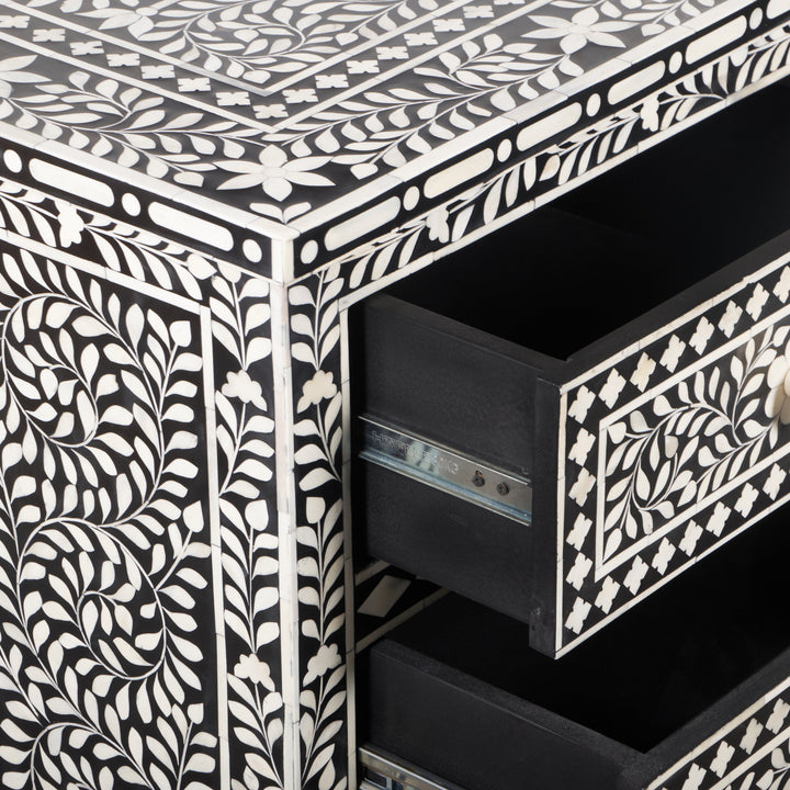 Bone Inlay 7 Drawer Chest of Drawers - Black Floral - Abacus and Hunt LLC