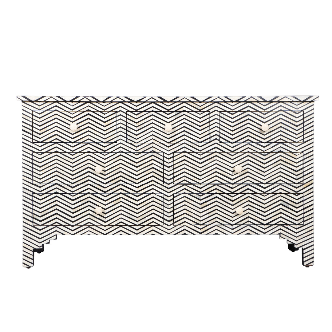 Bone Inlay 7 Drawer Chest of Drawers - Black thin Zig Zag - Abacus and Hunt LLC