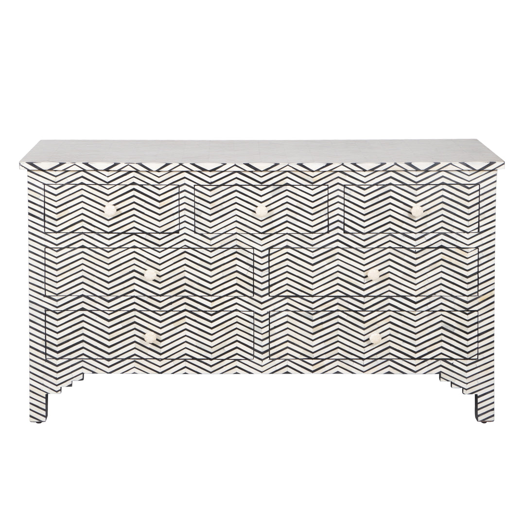 Bone Inlay 7 Drawer Chest of Drawers - Black thin Zig Zag - Abacus and Hunt LLC