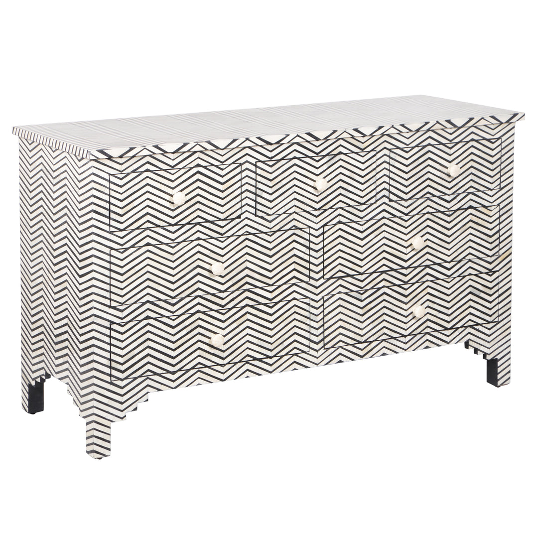 Bone Inlay 7 Drawer Chest of Drawers - Black thin Zig Zag - Abacus and Hunt LLC