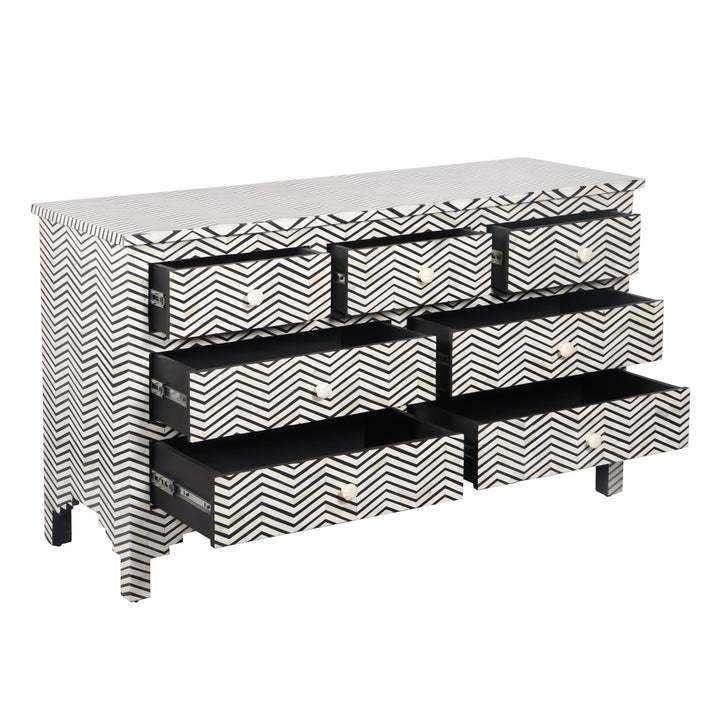 Bone Inlay 7 Drawer Chest of Drawers - Black thin Zig Zag - Abacus and Hunt LLC