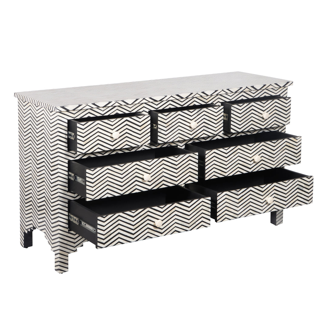 Bone Inlay 7 Drawer Chest of Drawers - Black thin Zig Zag - Abacus and Hunt LLC