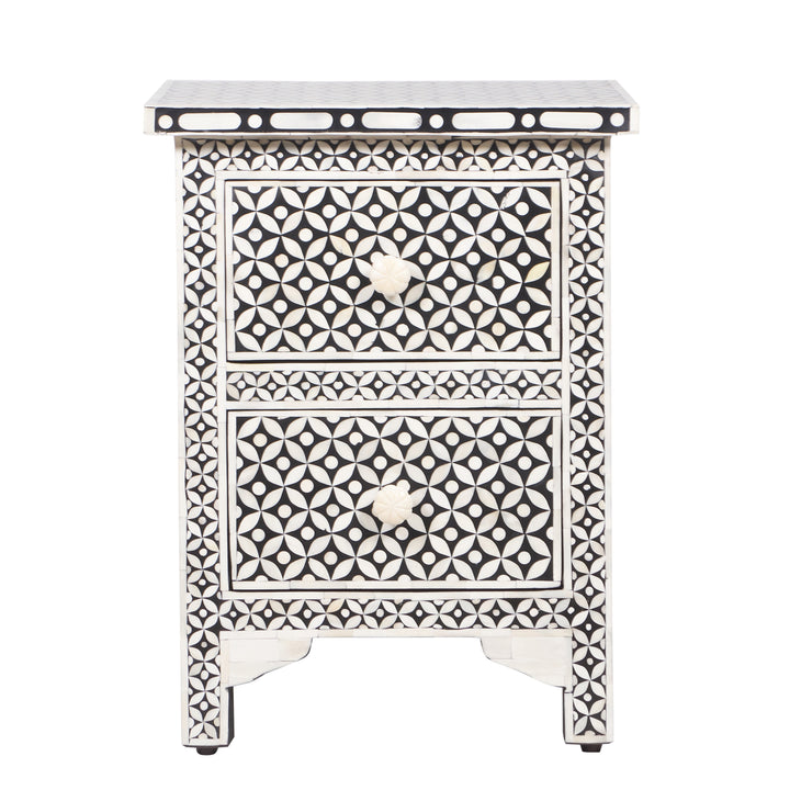 Bone Inlay Bedside, with 2 Drawers - Black Geometric - Abacus and Hunt LLC