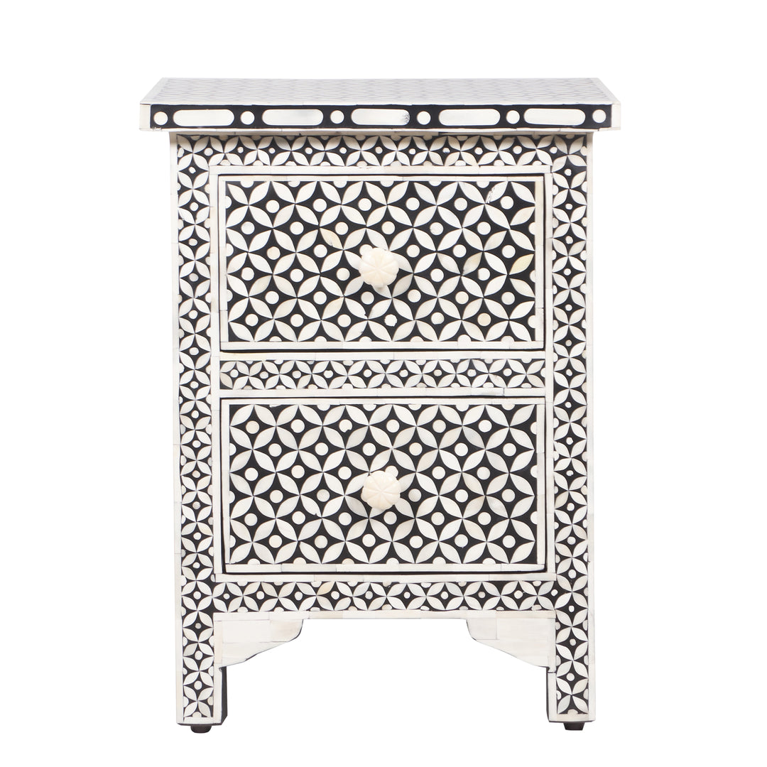 Bone Inlay Bedside, with 2 Drawers - Black Geometric - Abacus and Hunt LLC