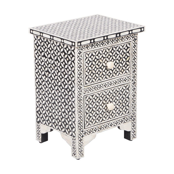 Bone Inlay Bedside, with 2 Drawers - Black Geometric - Abacus and Hunt LLC