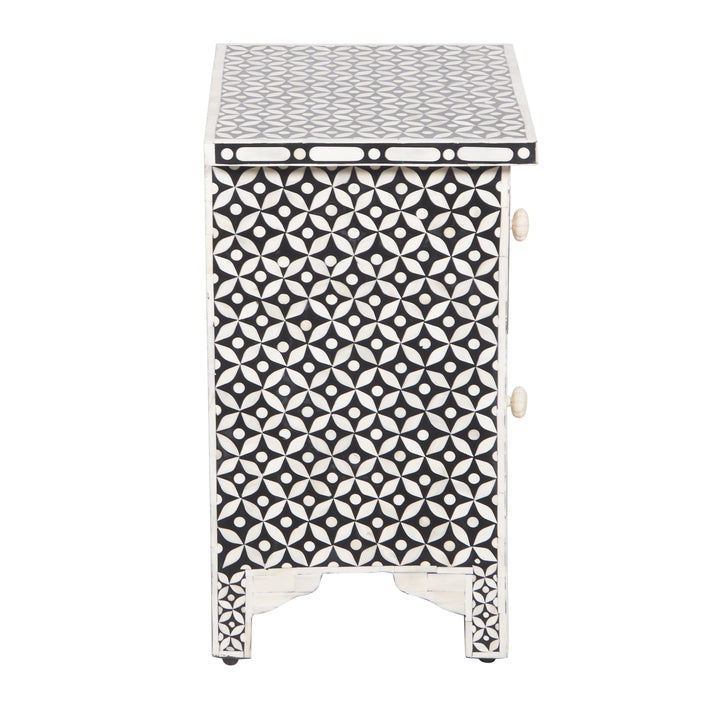 Bone Inlay Bedside, with 2 Drawers - Black Geometric - Abacus and Hunt LLC