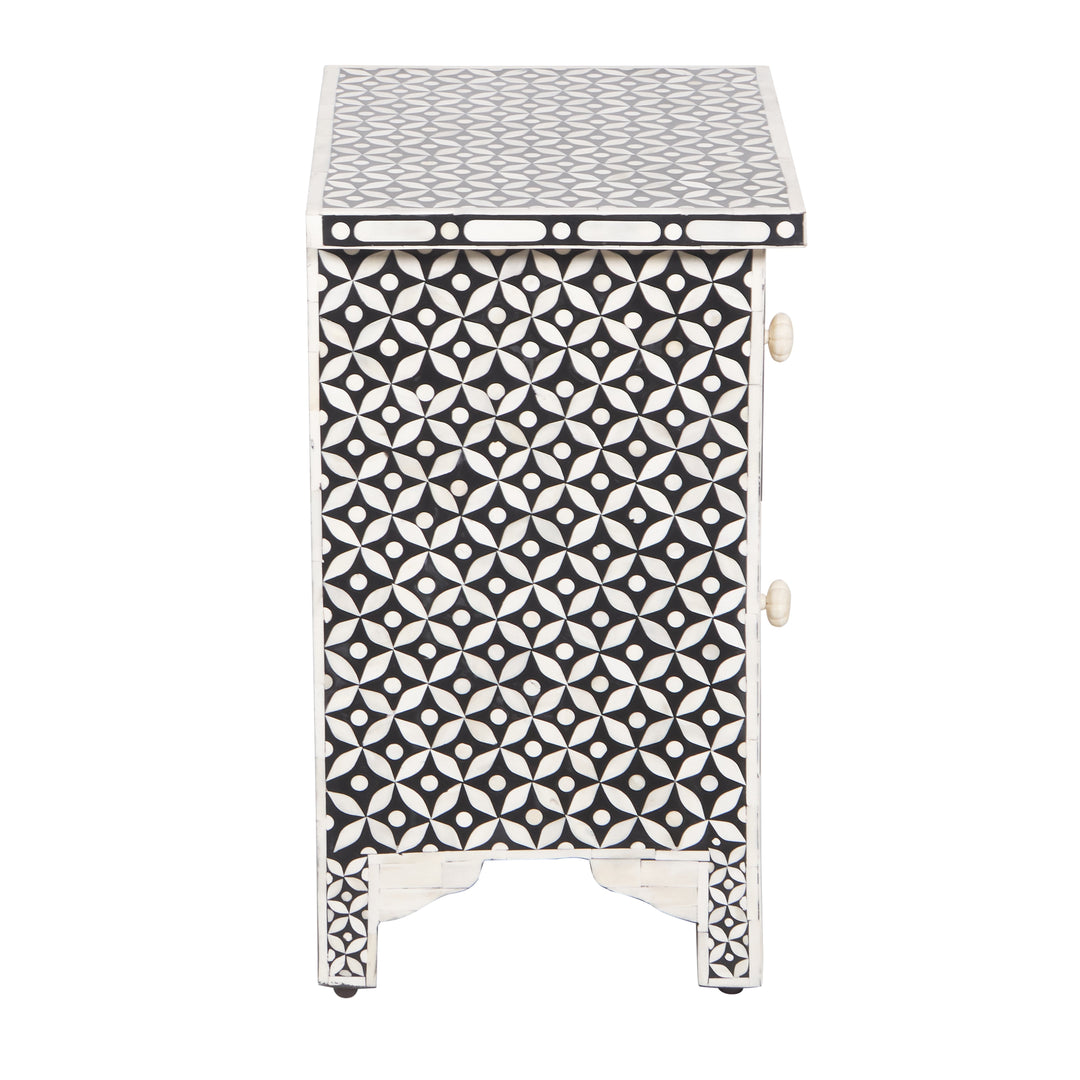 Bone Inlay Bedside, with 2 Drawers - Black Geometric - Abacus and Hunt LLC