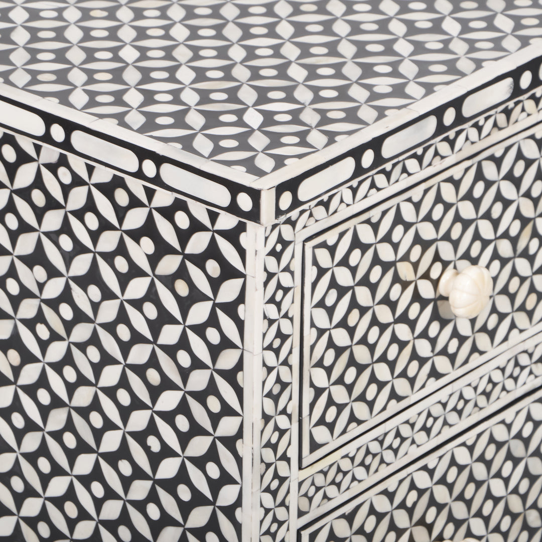 Bone Inlay Bedside, with 2 Drawers - Black Geometric - Abacus and Hunt LLC
