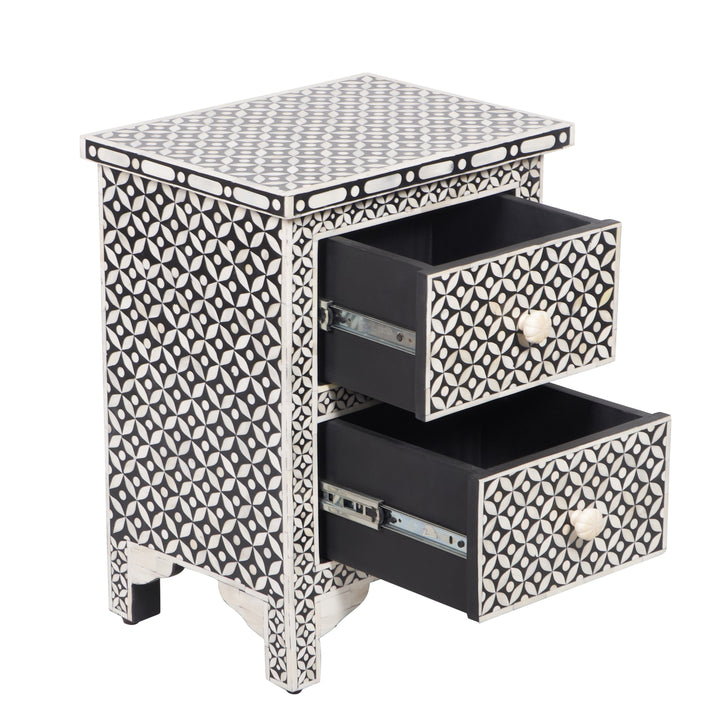 Bone Inlay Bedside, with 2 Drawers - Black Geometric - Abacus and Hunt LLC