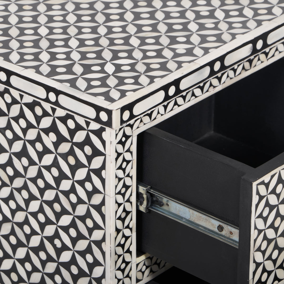 Bone Inlay Bedside, with 2 Drawers - Black Geometric - Abacus and Hunt LLC