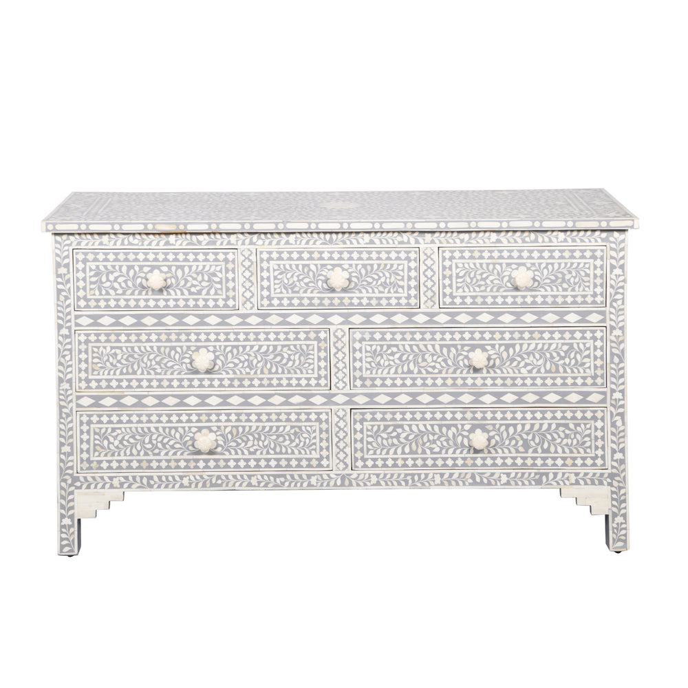 Bone Inlay 7 Drawer Chest of Drawers - Light Grey, Floral - Abacus and Hunt LLC