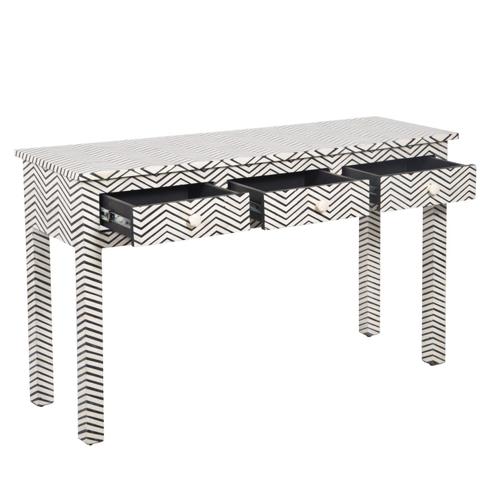 Bone Inlay 3 Drawer Hall Table or Side Table - Black Zig Zag - Abacus and Hunt LLC