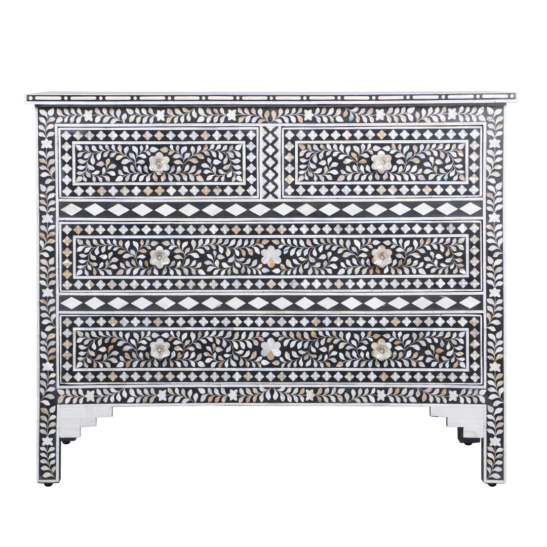 Mother of Pearl Inlay 4 Drawer Chest of Drawers - Black Floral - Abacus and Hunt LLC