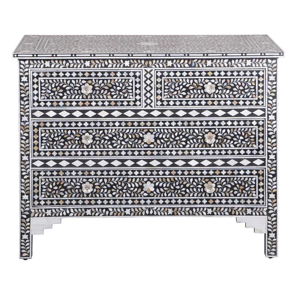 Mother of Pearl Inlay 4 Drawer Chest of Drawers - Black Floral - Abacus and Hunt LLC