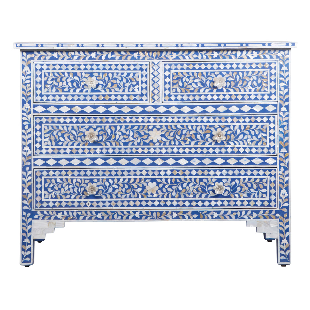 Mother of Pearl Inlay 4 Drawer Chest of Drawers - Blue Floral - Abacus and Hunt LLC