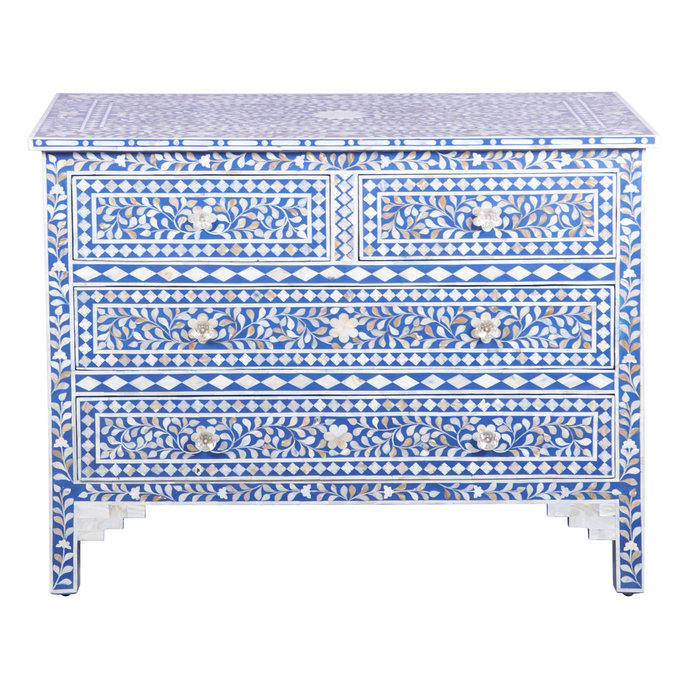 Mother of Pearl Inlay 4 Drawer Chest of Drawers - Blue Floral - Abacus and Hunt LLC