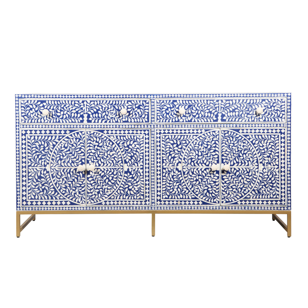 Bone Inlay Buffet Chest of Drawers -Navy Blue Floral Scroll - Abacus and Hunt LLC