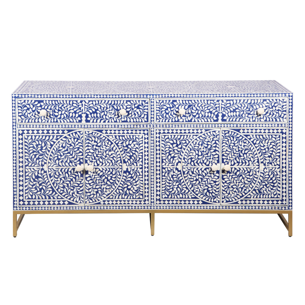 Bone Inlay Buffet Chest of Drawers -Navy Blue Floral Scroll - Abacus and Hunt LLC