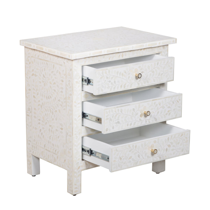 Bone Inlay Large 3 Drawer Nightstand - White Floral
